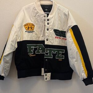 PacSun Two-Tone Racing Patch Puffer Jacket in White, Black & Yellow